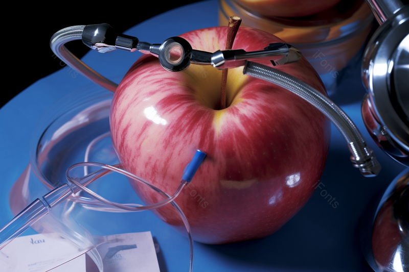 健康研究被研究设备包围的苹果实拍照片,高清,摄影图,摄影图片,图片大全,摄影图免费下载